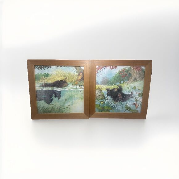Set of 2 Ikea Bear Swimming 1999 print Kids Baby Nursery art wall decor Framed - Picture 1 of 5
